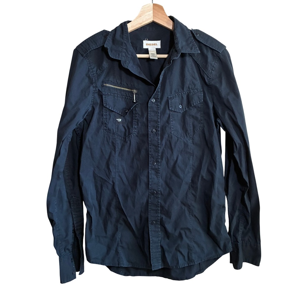 Diesel Military Utility Button Down Shirt Small Black Mens Cotton Stretch